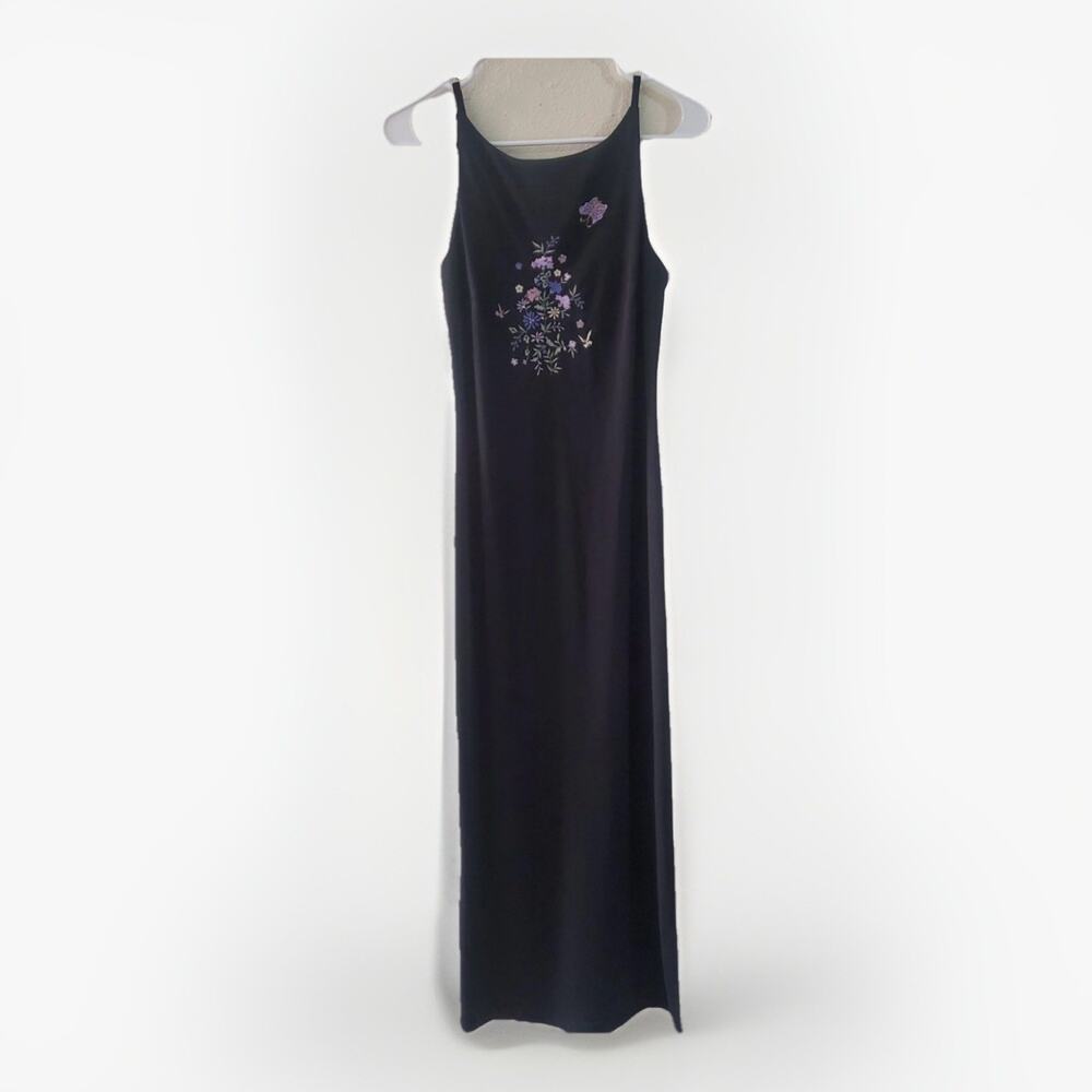 Vintage Y2K Voice Black Floral Maxi Dress Size M Whimsigoth Fairycore Slip Dress - Picture 2 of 12